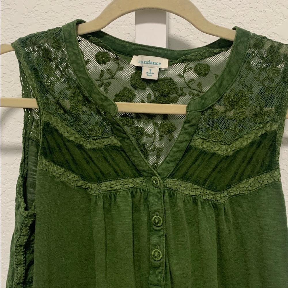 Sundance Green Boho Lace Panels Button Neck Tank Top Size Small - Picture 2 of 9